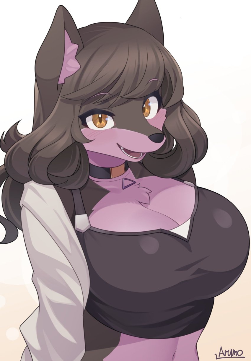 anthro black_fur canine exy_vtuber furry happy huge_breasts mofumofu orange_eyes purple_fur smile wholesome