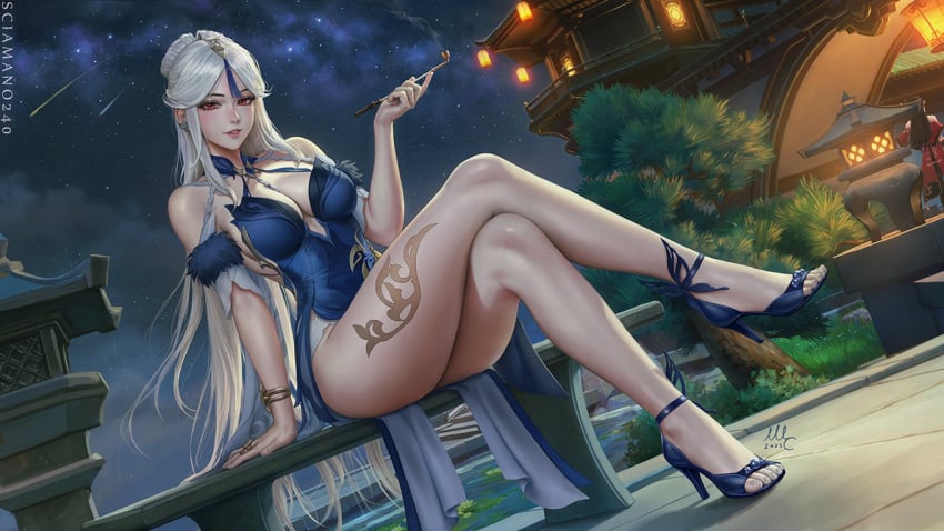 1girls 2023 clothed clothing crossed_legs dress footwear genshin_impact high_heels human landscape ningguang_(genshin_impact) ningguang_(orchid's_evening_gown)_(genshin_impact) open_toe_shoes sciamano240 shoes url