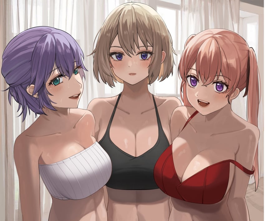 3girls amano_erika black_bra blue_eyes blush bra breasts brown_hair chinese_commentary cleavage closed_mouth collarbone commentary crossed_bangs hair_between_eyes hair_ribbon highres indoors kakkou_no_iinazuke large_breasts lips long_hair looking_at_viewer multiple_girls open_mouth pigeon_(wejil) pink_hair purple_eyes purple_hair red_bra ribbon segawa_hiro short_hair smile strap_slip strapless teeth tube_top twintails umino_sachi underwear upper_body upper_teeth_only