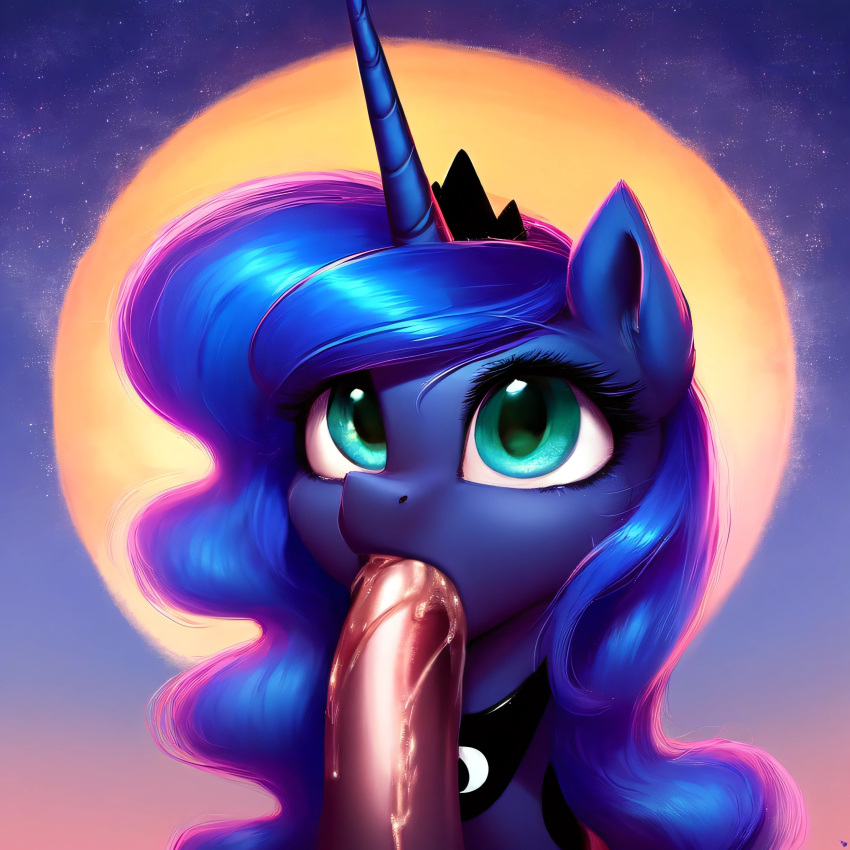 ai_generated blue_body blue_eyes blue_fur blue_hair choker crown equid equine eyelashes fellatio female feral friendship_is_magic fur hair hasbro horn jewelry long_horn male male/female mammal my_little_pony oral penis pony princess_luna_(mlp) straight unicorn