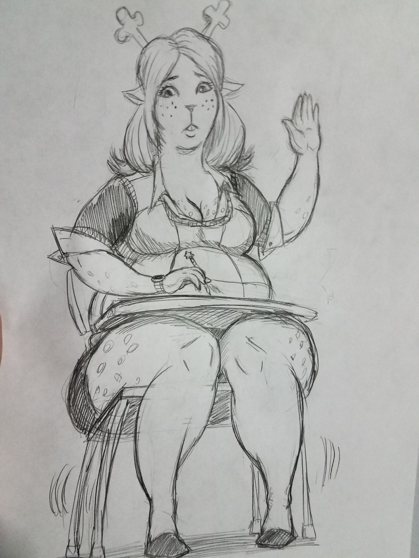 1girls anthro antlers big_breasts chair chubby chubby_female deltarune drawfag fat freckles freckles_on_breasts freckles_on_thighs nervous noelle_holiday pencil raising_hand skirt solo solo_female sweater table thick_thighs tight_clothing tight_fit traditional_media_(artwork) wide_hips