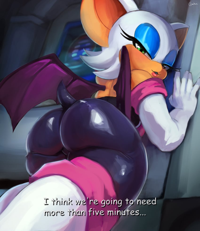 1girls anthro ass ass_focus bat big_ass blue_eyeshadow bubble_butt clothing cranihum elbow_gloves english_text eyeshadow female furry gloves green_eyes latex looking_at_viewer looking_back makeup rouge_the_bat shortstack solo solo_female sonic_(series) tail text thick_thighs thighhighs tight_clothing white_hair wings