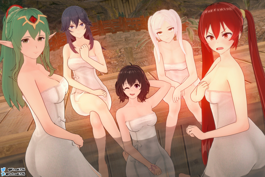 3d 5girls ;d angry ass bath big_ass black_hair blue_eyes blue_hair brand_of_the_defile breasts brown_eyes caught cleavage eyes_of_grima fefreak726 female female_only fire_emblem fire_emblem_awakening green_eyes green_hair group_bathing large_breasts long_hair looking_at_viewer lucina_(fire_emblem) medium_breasts medium_hair morgan_(fire_emblem) morgan_(fire_emblem)_(female) multiple_girls naked_towel nintendo nude nude_female one_eye_closed onsen open_mouth outdoors partially_submerged pink_eyes pointy_ears ponytail red_hair robin_(fire_emblem) robin_(fire_emblem)_(female) severa_(fire_emblem) short_hair smile symbol-shaped_pupils tiki_(adult)_(fire_emblem) tiki_(fire_emblem) twintails very_long_hair white_hair wink