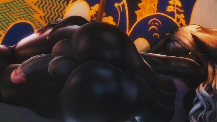 1futa 3d black_skin bra bunny_ears bunny_girl cock-tail dark-skinned_futanari fat_ass final_fantasy final_fantasy_xiv futanari glans glowing gpose(ffxiv) hourglass_figure huge_ass large_breasts large_penis long_hair looking_at_viewer looking_back on_side penis pink_glans shiny_skin thick_thighs veiny_penis viera xivvanta yellow_eyes