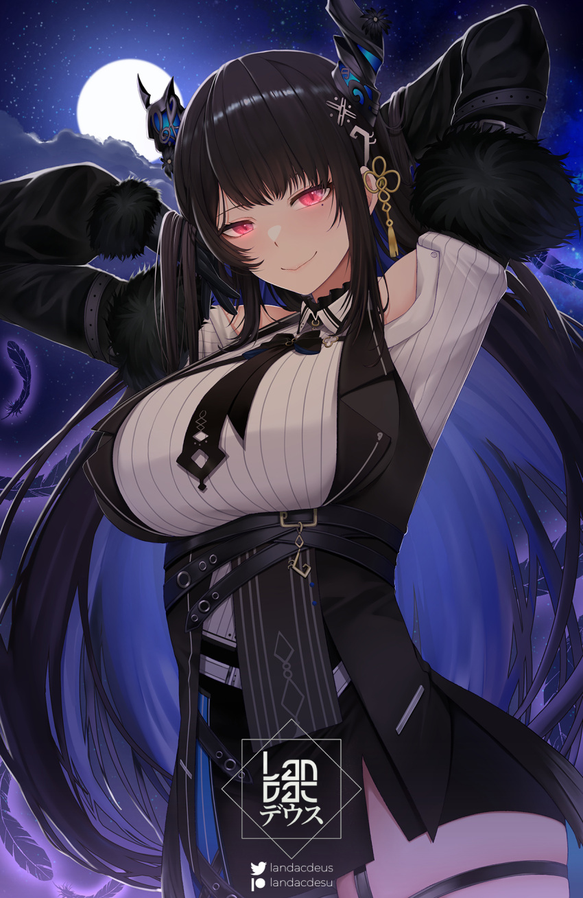 1girls asymmetrical_horns big_breasts black_hair blue_hair breasts cleavage colored_inner_hair demon_horns female female_only full_moon fur_trim hair_ornament highres hololive hololive_english hololive_english_-advent- horns landacdeus large_breasts long_hair looking_at_viewer mole mole_under_eye moon multicolored_hair nerissa_ravencroft night night_sky red_eyes sky solo star_(sky) starry_sky tassel tassel_hair_ornament two-tone_hair uneven_horns virtual_youtuber