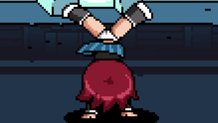 blue_skirt handstand kim_pine panties pantyshot pantyshot_(handstand) pixel_art scott_pilgrim shoes skirt white_panties