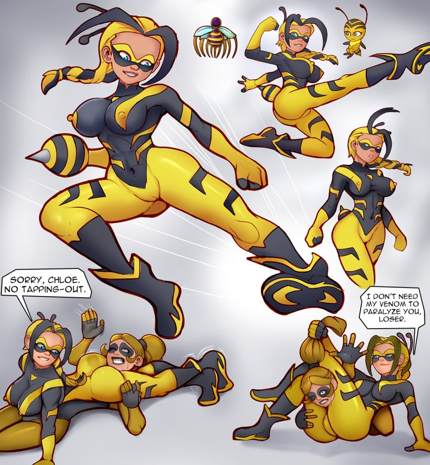 2girls ass blonde_hair blue_eyes bodysuit braided_ponytail chloe_bourgeois domination domino_mask english_text female female_only femdom fight flying_kick full_body large_breasts markydaysaid miraculous_ladybug multicolored_clothes multiple_girls pro_wrestling queen_bee_(character) scissorhold simple_background single_braid sisters skin_tight submission_hold text vesperia_(character) white_background wrestling yellow_bodysuit zoe_lee