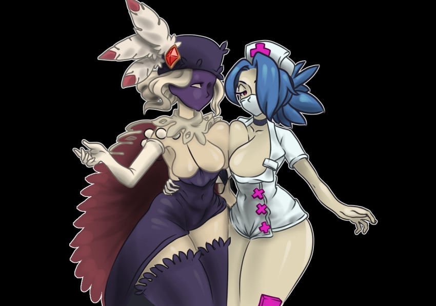 black_dahlia boob_squish elpuer_cotote huge_ass huge_breasts nurse skullgirls valentine_(skullgirls)