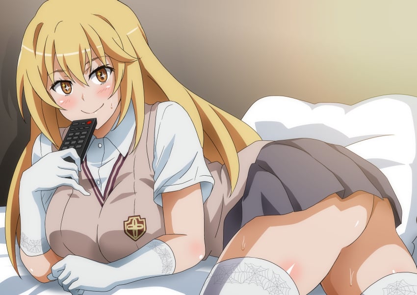 +_+ 1girls 2020 2020s accurate_art_style ass beige_vest blonde_hair blush breasts clothed clothed_female collared_shirt controller elbow_gloves female gloves grey_skirt hair_between_eyes hara_(harayutaka) hi_res indoors large_breasts light-skinned_female light_skin long_hair looking_at_viewer lying no_panties no_underwear on_bed on_stomach pillow remote_control school_uniform schoolgirl shirt shokuhou_misaki short_sleeves skirt smile solo sparkling_eyes spider_web_print sweat teenage_girl teenager thick_thighs thighhighs thighs to_aru_kagaku_no_railgun to_aru_majutsu_no_index tokiwadai_school_uniform unusual_pupils white_gloves white_shirt white_thighhighs yellow_eyes