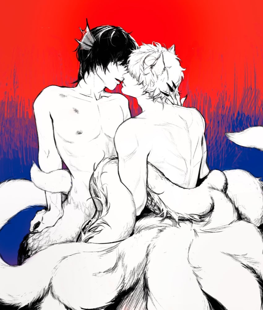 2boys ear_fins fins fox_boy fox_ears fox_tail gay gintama gintoki_sakata hokukei intimate kitsune kyuubi long_fingernails male male_only merfolk merman official_alternate_costume restricted_palette sharp_fingernails takasugi_shinsuke toned toned_male topless topless_male yaoi youkai