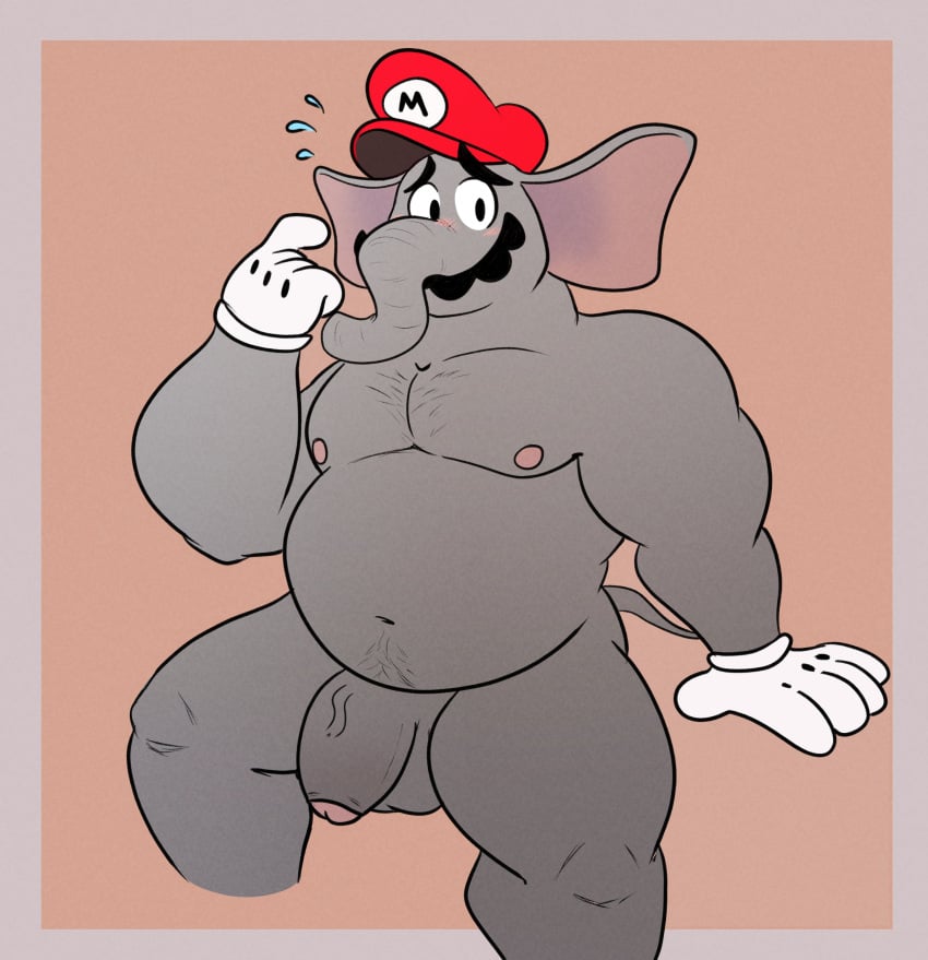 1boy absurd_res anthro balls ballsack belly black_eyes black_hair blush clothing elephant elephant_mario elephantid facial_hair flaccid_penis foreskin foreskin_folds genitals gloves grey_skin handwear hat headgear headwear hi_res intact male male_nipples male_only mammal mario mario_(series) musclegut mustache navel nintendo nude nude_male partially_retracted_foreskin pecs penis proboscidean proboscis_(anatomy) ramsranch scrotum solo super_mario_bros._wonder tail testicles toony trunk_(anatomy) uncut veiny_penis