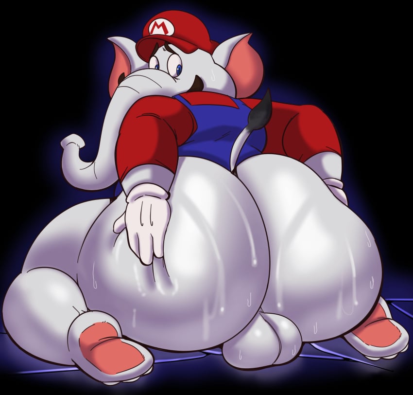 1boy absurd_res anthro ass ass_bigger_than_body ass_bigger_than_head ass_focus balls ballsack big_ass big_butt blue_eyes bottomless butt_focus clothed clothing elephant elephant_mario elephantid embarrassed facial_hair genitals giant_ass gloves grey_skin handwear hi_res hyper hyper_ass looking_back male male_only mammal mario mario_(series) mustache nintendo proboscidean proboscis_(anatomy) scrotal_raphe scrotum solo super_mario_bros._wonder sweat tail tail_tuft testicles toony trunk_(anatomy) wit_1