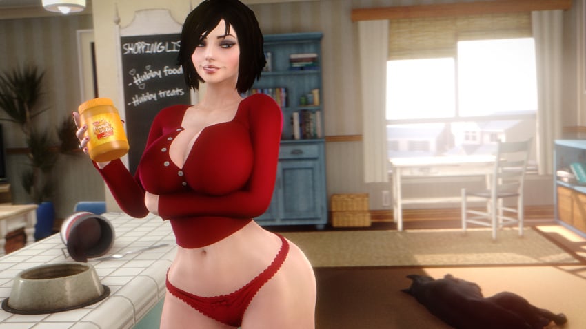 1boy 1girls 3d big_breasts bioshock bioshock_infinite black_hair blonde_hair breasts canid canine cleavage domestic_dog elizabeth's_husband_(noname55) elizabeth_comstock eyebrows eyelashes female hips hourglass_figure human implied_bestiality jewelry large_breasts light-skinned_female light_skin male navel noname55 panties peanut_butter ring smile tagme wedding_ring wide_hips