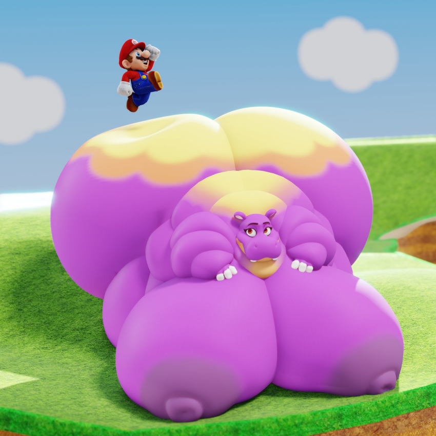 ass back_fat big_breasts big_butt big_nipples breasts chunkerbuns common_hippopotamus duo fat fat_arms female hi_res hippopotamid hoppo_(mario) huge_breasts huge_butt human hyper hyper_breasts hyper_butt male mammal mario mario_(series) morbidly_obese morbidly_obese_female nintendo nipples obese obese_female overweight overweight_female purple_body red_eyes super_mario_bros._wonder