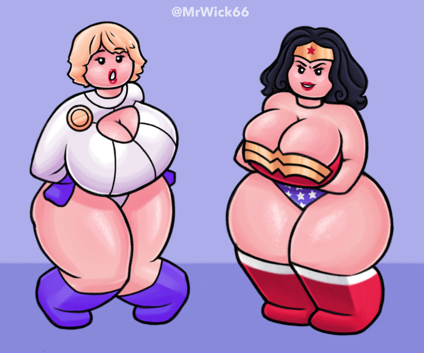 2girls areolae big_ass big_breasts big_butt black_hair blonde_hair dc dc_comics female female_focus flirting huge_breasts lego lego_anatomy lego_dc lipstick long_hair looking_at_viewer mrwick nipples power_girl red_lipstick seductive short_hair superheroine superman_(series) thong topless topless_female variant voluptuous voluptuous_female wonder_woman wonder_woman_(series)