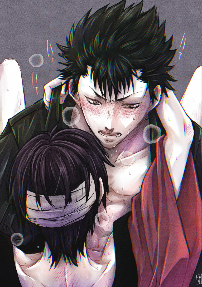 2boys arm_around_neck bandaged_head bandages black_hair blush breath cross_guilty dark_green_hair dark_purple_hair gay gintama implied_anal implied_sex kawakami_bansai kimono leather_jacket male male_only pale-skinned_male pale_skin spread_legs sweat takasugi_shinsuke upper_body yaoi