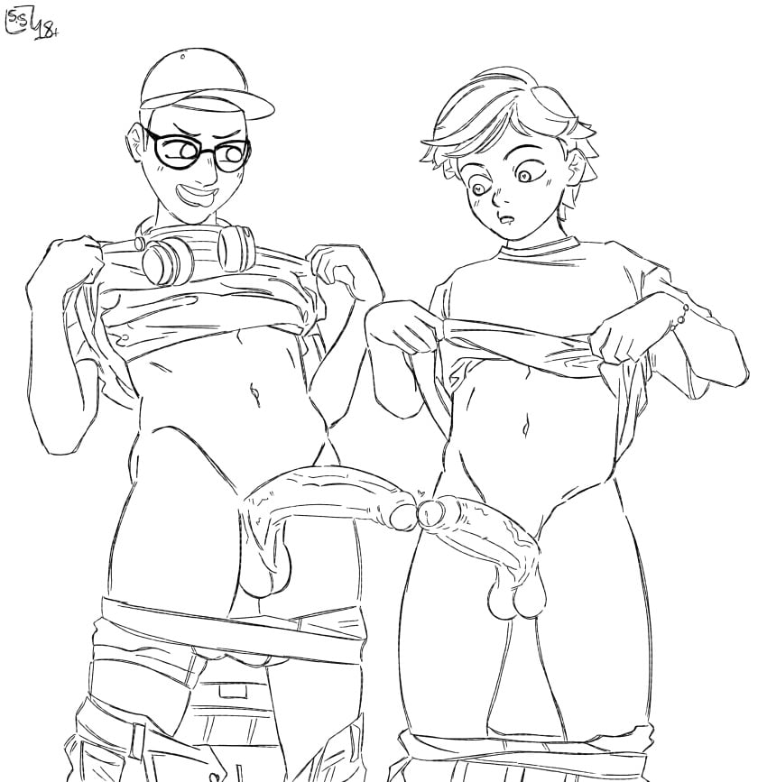 2boys adrien_agreste aerokurxxed amazed ass balls baseball_cap big_penis black_and_white blush bracelet cap comparing comparing_penis darrkstarr erection foreskin friends frottage gay glasses hat headphones heart_eyes kissing lifting_shirt male male/male male_only miraculous_ladybug monochrome naked nino_lahiffe nude pants pants_down partially_retracted_foreskin penis penis_size_difference showing_off sketch taunt thighs tongue toony twink uncut underwear yaoi young