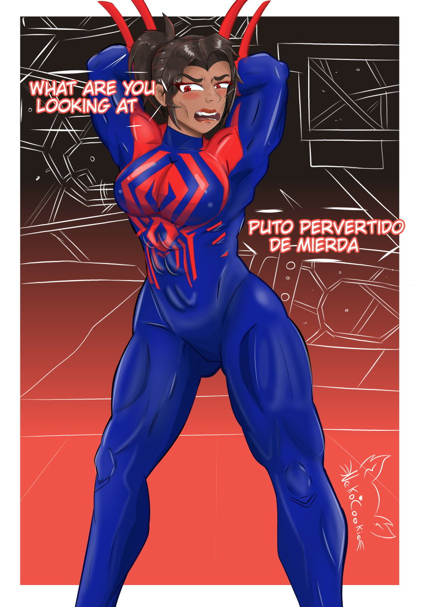 abs big_breasts bodysuit breasts brown_hair dark-skinned_female dark_skin disgusted disgusted_look female female_only genderswap_(mtf) marvel miguel_o'hara milf muscular muscular_female neko_cookie ponytail red_eyes rule_63 short_hair solo spider-man:_across_the_spider-verse spider-man_(series) spider-woman_2099 thick_thighs tomboy