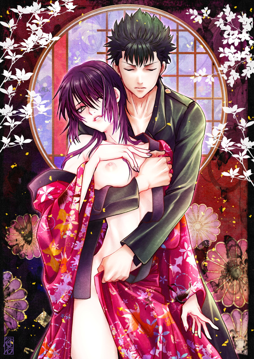 1boy 1girls breast_grab closed_eyes covering_another covering_crotch cross_guilty female genderswap_(mtf) gintama hair_over_one_eye japanese_clothes kawakami_bansai kimono leather_jacket long_hair looking_at_viewer male no_bra no_panties off_shoulder one_breast_out one_eye_closed open_clothes open_kimono pale-skinned_female pale_skin purple_hair rule_63 short_hair short_hair_with_long_locks takasugi_shinsuke