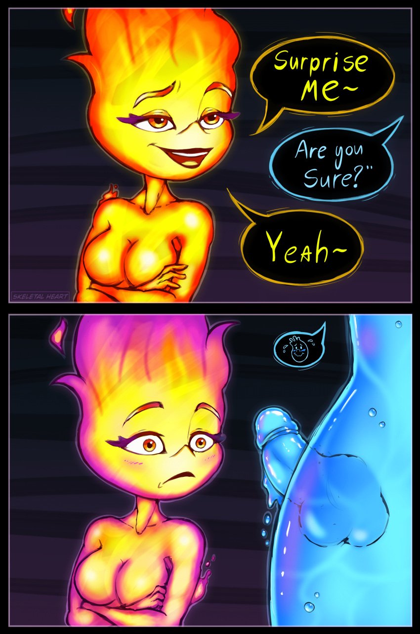 absurd_res breasts comic elemental_(pixar) elemental_creature ember_lumen female fire fire_body fire_creature flaming_hair genitals gradient_background hi_res humanoid male not_furry nude orange_eyes penis pseudo_hair simple_background skeletalheart smile wade_ripple water water_body water_creature