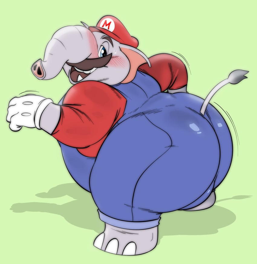 1boy anthro ass bhm big_ass blue_eyes blush brown_hair clothed elephant elephant_mario facial_hair grey_skin half-closed_eyes huge_ass male male_only mario mario_(series) mustache nintendo no_visible_genitalia overweight_male satsui-n0-had0u shaking_butt smile solo super_mario_bros._wonder tail tail_tuft toony