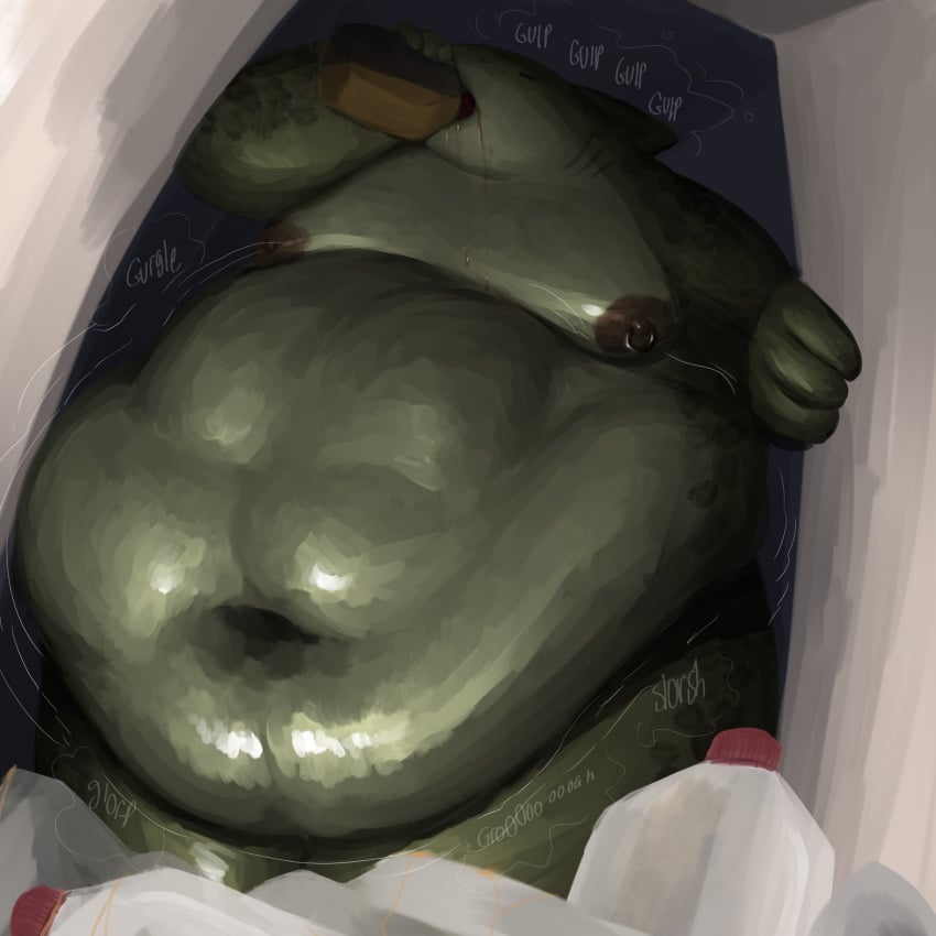 anthro azathura belly belly_bulge big_belly closed_eyes color drinking fat fish fridge gills huge_belly male male_only marine moobs nipple_piercing overweight overweight_anthro overweight_male pierced_nipples piercing shaded shark sloshing_belly stomach stomach_bulge stomach_noises vore vore_belly