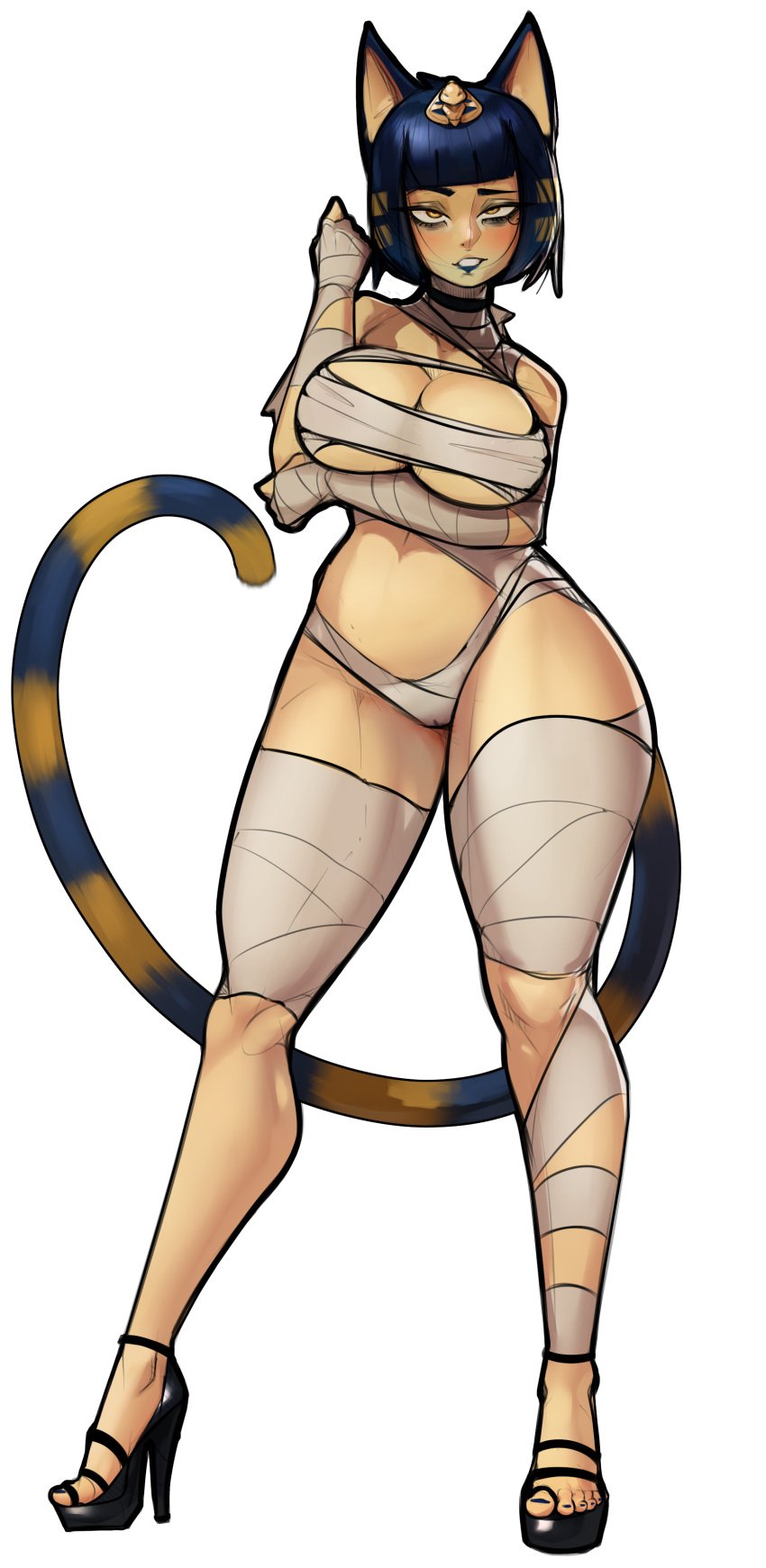 1girls animal_crossing ankha ankha_(animal_crossing) bandage blue_hair cat_ears cursedequinox female female_only heels human humanized mummy nintendo solo solo_female tail thick_thighs