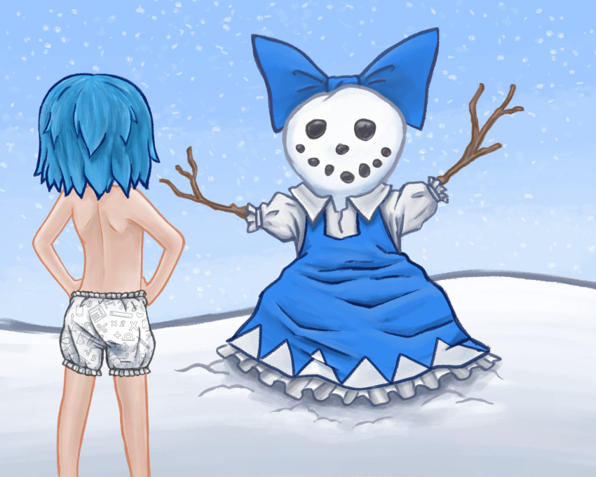 1girls back back_view behind_view big_bow bloomers_(victorian) blue_bow blue_hair bow cirno clothes clothing dress female girl panties snow snowman stick sticks topless touhou unknown_artist