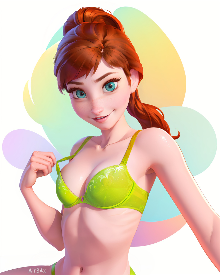 ai_generated air34x anna_(frozen) blue_eyes bra brown_hair disney frozen_(film) medium_breasts petite ponytail pose underwear