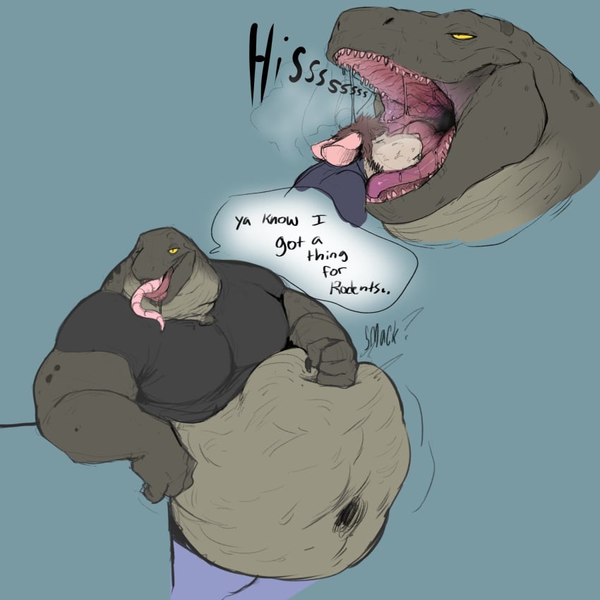 azathura belly belly_bulge belly_button big_pecs color green_scales hand_on_belly male male_only mawshot monitor_lizard muscular muscular_anthro muscular_arms muscular_male open_mouth oral_vore pants pecs rat reptile rodent saliva scalie sharp_teeth shirt slapping slapping_belly slapping_own_belly speech_bubble stomach_bulge swallowing tail tongue vore vore_belly yellow_eyes