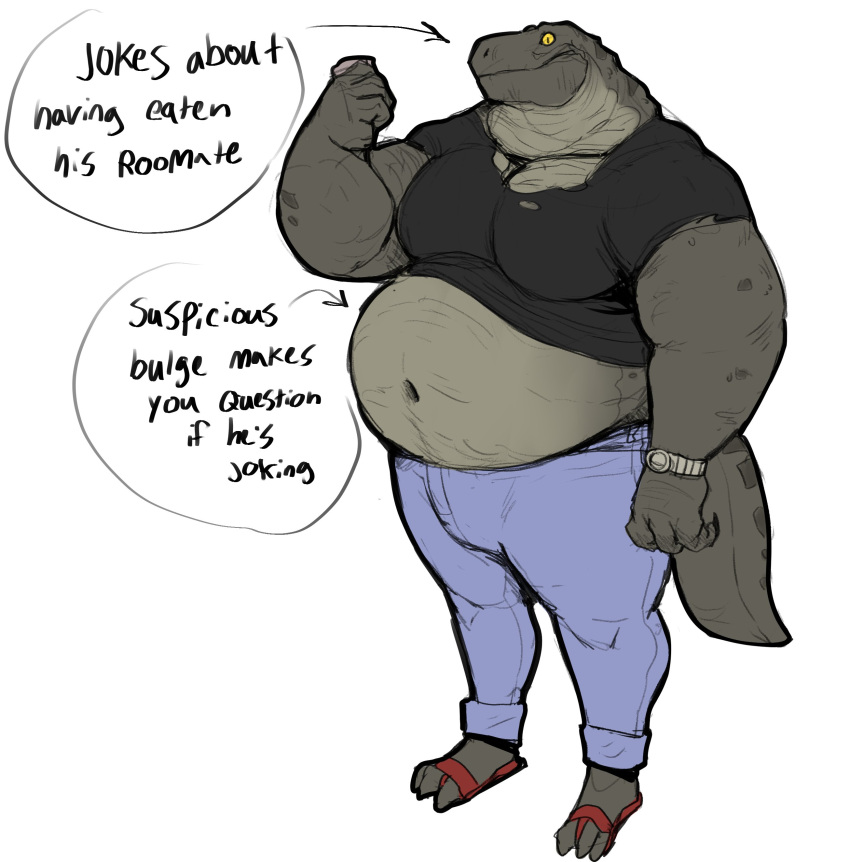 anthro azathura belly belly_button big_belly bulge color green_scales jeans male male_only monitor_lizard muscular muscular_male pants pecs reptile scalie shirt sketch solo solo_focus tail text_bubble vore vore_belly watch yellow_eyes