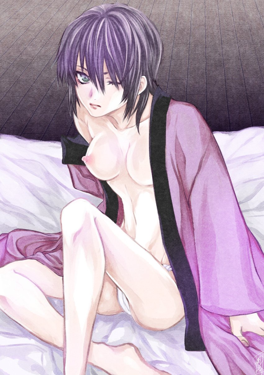 breasts_out cross_guilty dark_hair dark_purple_hair expressionless female female_only fundoshi genderswap_(mtf) gintama green_eyes hair_over_one_eye japanese_clothes kimono looking_at_viewer no_bra off_shoulder one_eye_closed open_clothes open_kimono pale-skinned_female pale_skin purple_hair rule_63 short_hair sitting solo takasugi_shinsuke