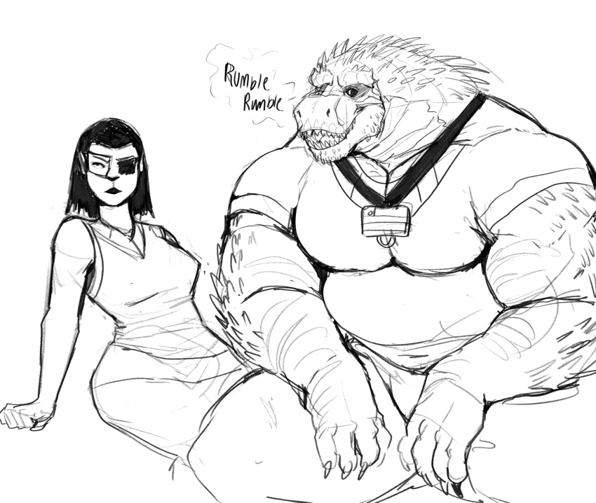 alien anthro azathura big_muscles black_and_white dress duo eyepatch female human male more_at_source muscles muscular muscular_anthro muscular_arms muscular_male pants reptile scalie shirt sketch spines