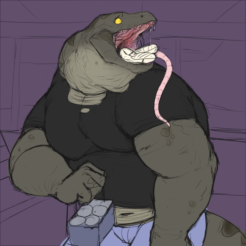 anthro azathura color jeans male mammal monitor_lizard muscular muscular_anthro muscular_arms muscular_male neck_bulge open_mouth oral_vore pants pecs reptile rodent saliva scalie sketch swallowed_whole swallowing vore yellow_eyes