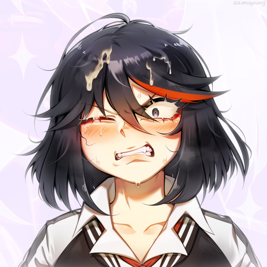 angry black_hair blush bukkake clenched_teeth cum cum_on_eye cum_on_face cum_on_hair female fluffy_hair glaring kill_la_kill looking_at_viewer matoi_ryuuko one_eye_closed portrait short_hair solo tomboy zoruyoung