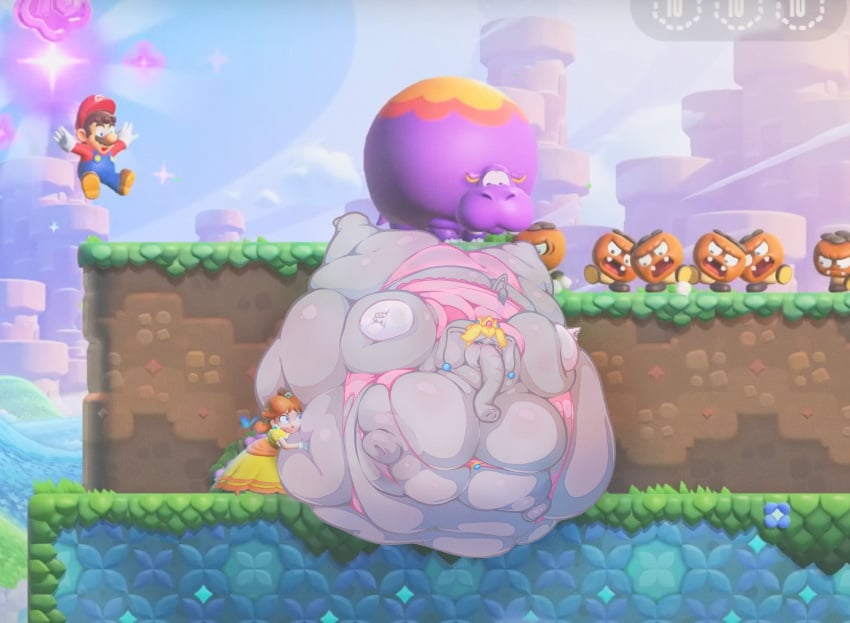 big_breasts dandychest elephant elephant_fruit elephant_peach fat fat_arms fat_girl female goombrat grey_body grey_skin hoppo_(mario) huge_breasts immobile mario mario_(series) morbidly_obese morbidly_obese_female nintendo obese obese_female outdoors overweight overweight_female princess_daisy princess_peach super_mario_bros._wonder transformation