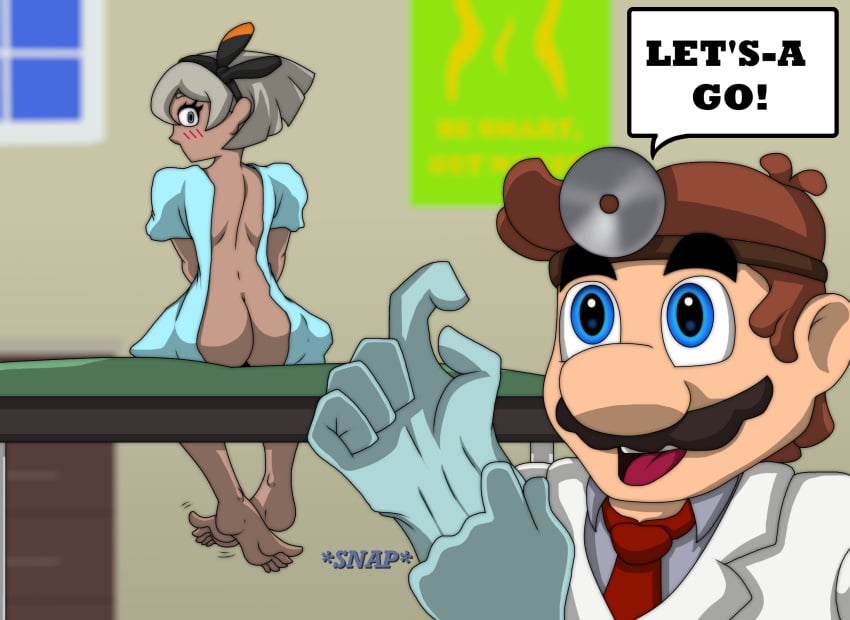 1boy 1girls absurd_res ass barefoot bea_(pokemon) beginner blush crossover dark_skin dialogue doctor dr._mario dr._mario_(series) embarrassed embarrassed_nude_female enf examination feet gloves gray_hair hospital_gown mario mario_(series) pokemon questionable_anatomy silver_eyes soles superslogger table toes wide_eyed