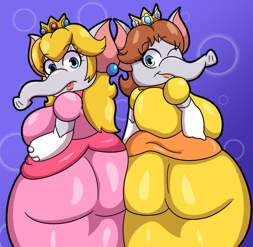 2girls anthro big_ass big_butt blonde_hair brown_hair clothing dress elephant elephant_daisy elephant_fruit elephant_peach female female_only grey_skin huge_ass huge_butt looking_back mario_(series) multiple_girls nintendo princess_daisy princess_peach someth1ngoranother super_mario_bros._wonder transformation