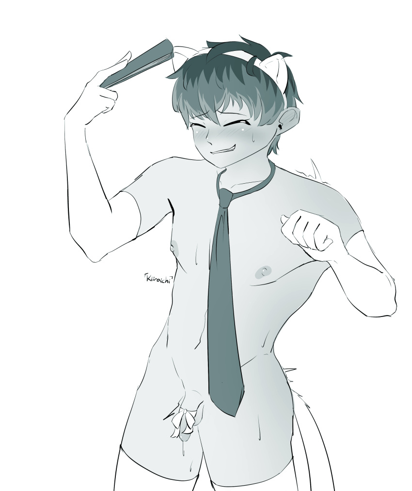 1boy 1male bow cat_ears cat_tail closed_eyes fan hi_res hypnosis_mic kiiroichi lucky_cat male monochrome naked naked_male naked_tie nervous nervous_smile penis piercing sasara_nurude_(hypnosis_mic) sketch stockings sweat tie