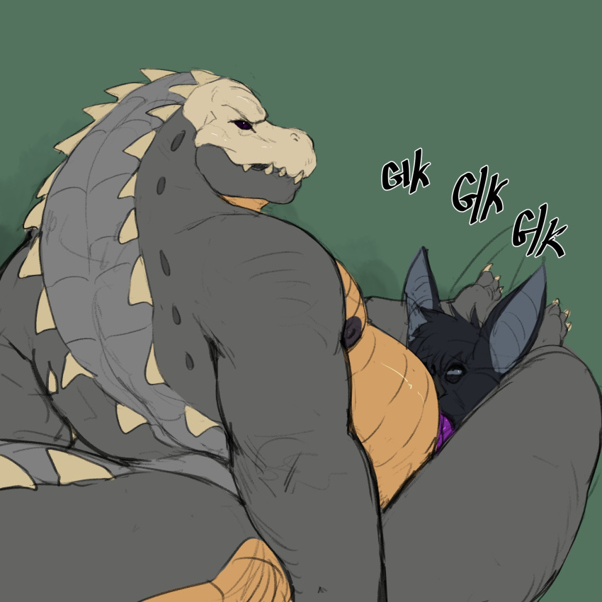 alligator anthro azathura back back_view bat belly black_fur black_hair black_sclera color crocodilian deepthroat dominant_male duo duo_focus ear furry gay gay_sex grey_scales head_between_thighs male male/male male_only mammal musclegut muscles muscular muscular_male nipples oral oral_penetration oral_sex reptile scales scalie sharp_teeth tail