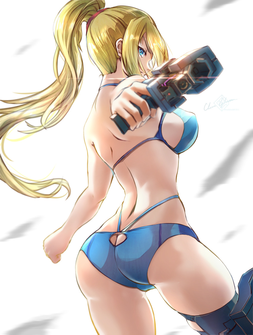 1girls big_breasts bikini blonde_hair blue_eyes clear_glass_(mildmild1311) female female_only fit_female from_behind gun heroine looking_at_viewer looking_back metroid nintendo pointing_gun ponytail samus_aran simple_background solo solo_female thick_thighs very_long_hair watermark