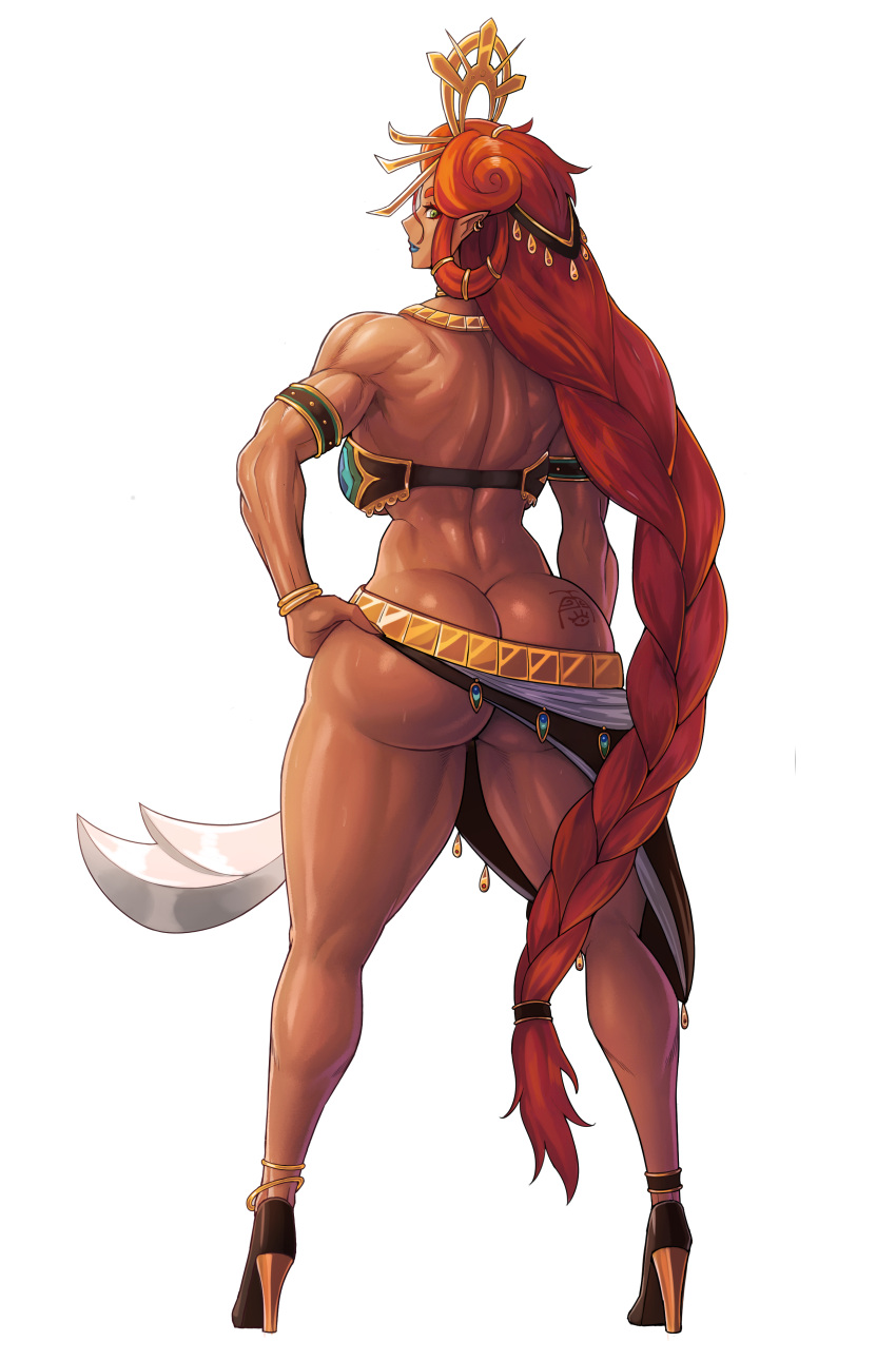 1girls ass breath_of_the_wild bubble_butt dark-skinned_female gerudo green_eyes headwear high_heels kingbang kongman99 long_hair looking_at_viewer looking_back pointy_ears red_hair riju stiletto_heels tears_of_the_kingdom the_legend_of_zelda thick_thighs very_high_heels voluptuous