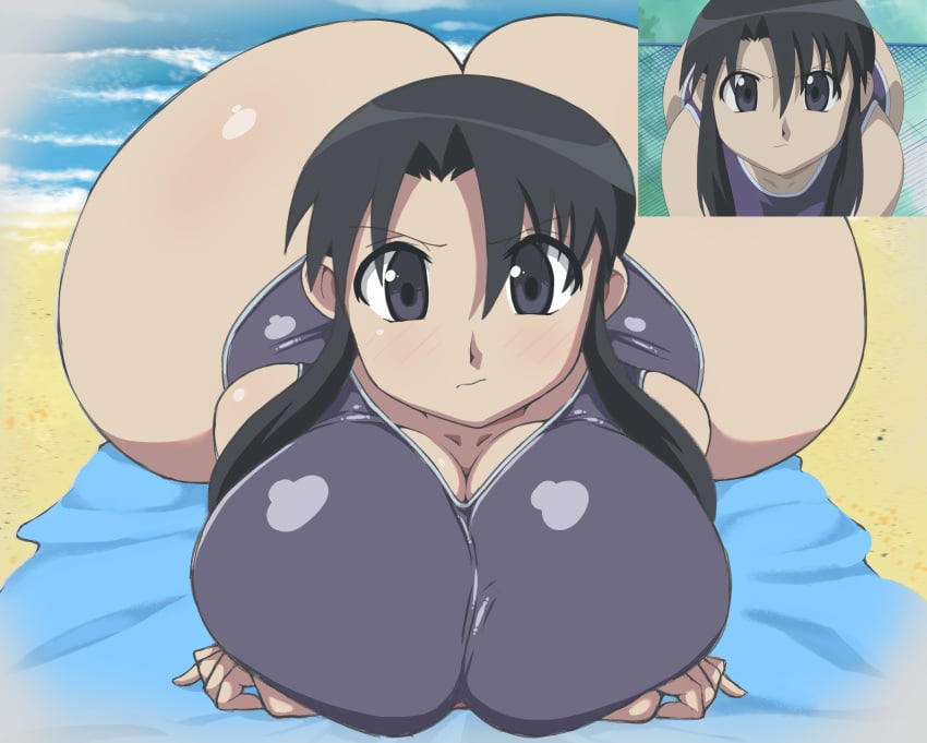 1girls ass azumanga_daiou big_ass big_breasts black_eyes black_hair crossed_arms dat_ass huge_hips hyper_ass looking_at_viewer lying nyamo_minamo_kurosawa one-piece_swimsuit please_look_forward_to_it swimsuit tagme thanuki thanukiart