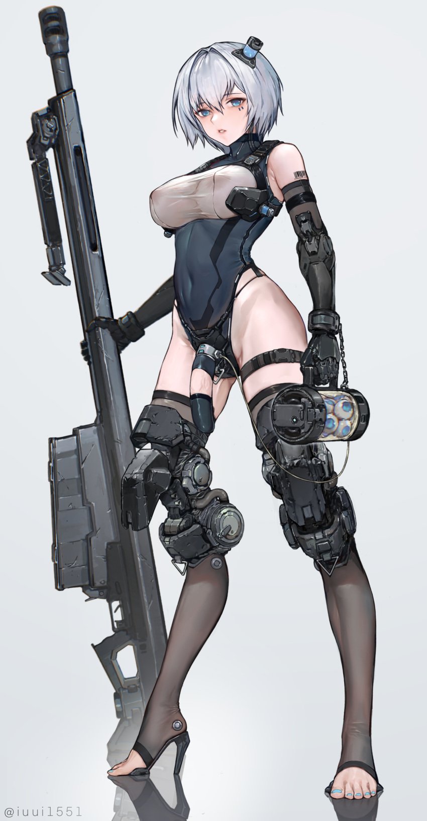 1futa anti-materiel_rifle big_breasts big_penis breasts clothed clothing cybernetics digitigrade flaccid futa_only futa_sans_balls futanari gun humanoid iuui light-skinned_futanari light_skin mecha mechanical mostly_clothed open_toe_shoes penis robotic_legs short_hair sniper_rifle solo standing westking white_hair