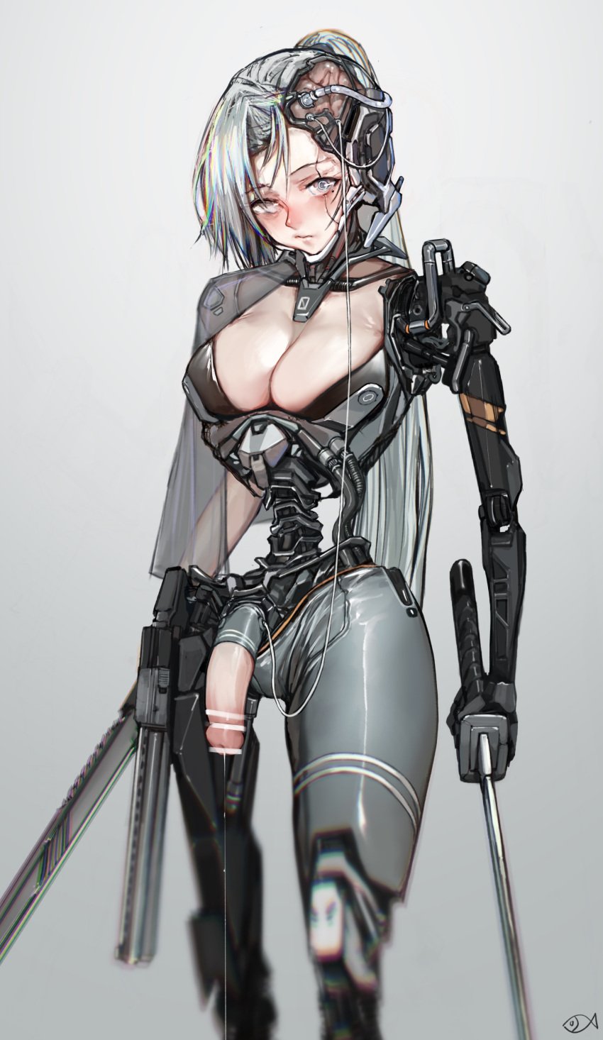 1futa big_breasts big_penis brain breasts censored clothed clothing cyborg cyborg_girl flaccid futa_only futanari humanoid humanoid_penis iuui large_breasts light-skinned_futanari light_skin looking_at_viewer mecha mechanical mostly_clothed penis precum robot robot_girl solo spine standing sword westking white_hair