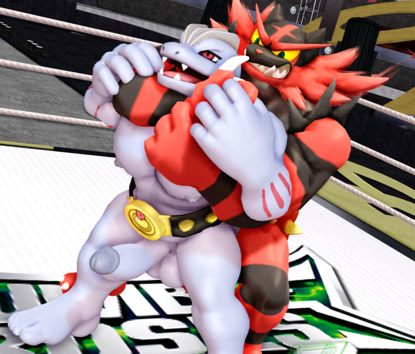 2boys 3d 3d_(artwork) anal anal_sex anthro balls bara digital_media_(artwork) duo erect_penis erection fangs felid fight fighting_ring fur furry gay generation_1_pokemon generation_7_pokemon genitals headlock hi_res humanoid incineroar machoke male male/male male_only male_penetrated male_penetrating male_penetrating_male malicekira mammal mmd muscular muscular_male nintendo nipples nude open_mouth penetration penis pokemon pokemon_(species) red_body red_eyes red_fur sex yaoi yellow_eyes