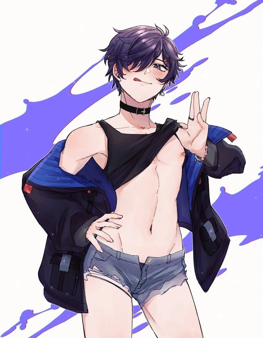 1boy :p black_fingernails black_hair blush choker denim denim_shorts earrings femboy hair_over_one_eye indie_virtual_youtuber jacket jean_shorts licking_lips looking_at_viewer male_focus male_only male_with_painted_nails midriff nail_polish navel nipples purple_eyes rillia_ray shirt_lift short_hair short_shorts shorts shoto shoto_(vtuber) slut tongue tongue_out virtual_youtuber vtuber