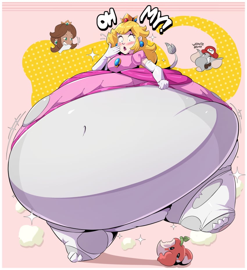 1boy 2girls big_belly blonde_hair elephant elephant_fruit elephant_mario elephant_peach fat fat_girl female female_focus huge_belly male mario mario_(series) morbidly_obese morbidly_obese_female multiple_girls nintendo obese obese_female overweight overweight_female princess_daisy princess_peach solo_focus super_mario_bros._wonder text transformation veryfilthything