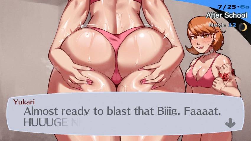 1girls atlus breasts brown_eyes brown_hair butt cheating dialogue english_text fat_ass female handjob_gesture high_resolution hips huge_breasts huge_butt jerking_off_hand_motion large_breasts meme persona persona_3 raceplay racial_slur short_hair spread_ass text text_box thick_thighs thighs wide_hips wingedwasabi yukari_takeba