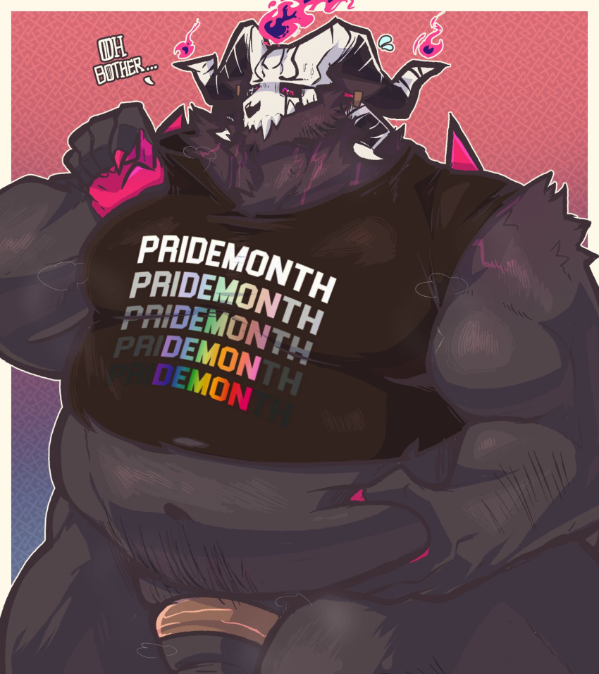 anthro baldur_(sirmonsterfucko) belly belly_button big_belly black_sclera claws cock_ring colored demon double_pupils fur grabbing_belly horns mammal monster muscular muscular_arms muscular_male musk_clouds overweight overweight_anthro overweight_male penis pink_eyes pride_colors pubes shirt sirmonsterfucko skull skull_head text thick_thighs